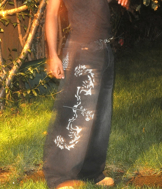 Dragon bow hand designed black baggy jeans